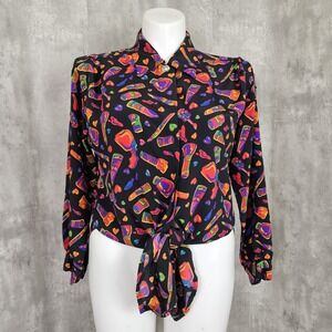 Vintage 80s 90s Chaus Womens 12 Neon Makeup Pattern Button‎ Front Blouse